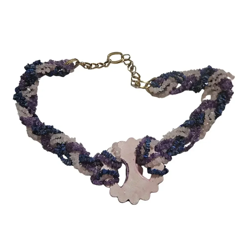 Ceramic Purple Amethyst Lapis Lazuli Rose Quartz Belt Statement Buckle Vintage